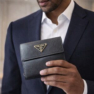 Authentic Prada Milano Black Saffiano Leather Snap Wallet Card Holder Italy